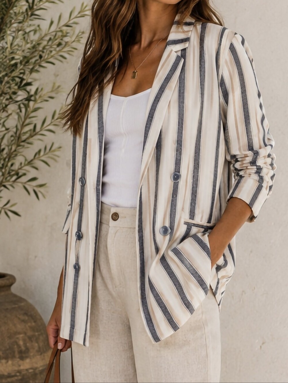 Stoosh XL Linen Blend Striped Double Breasted Blazer Coastal Boho